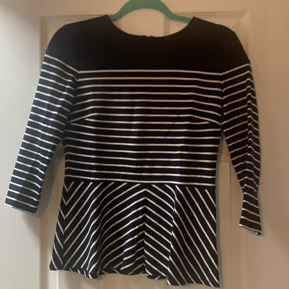 Talbots navy and white top with peplum waist